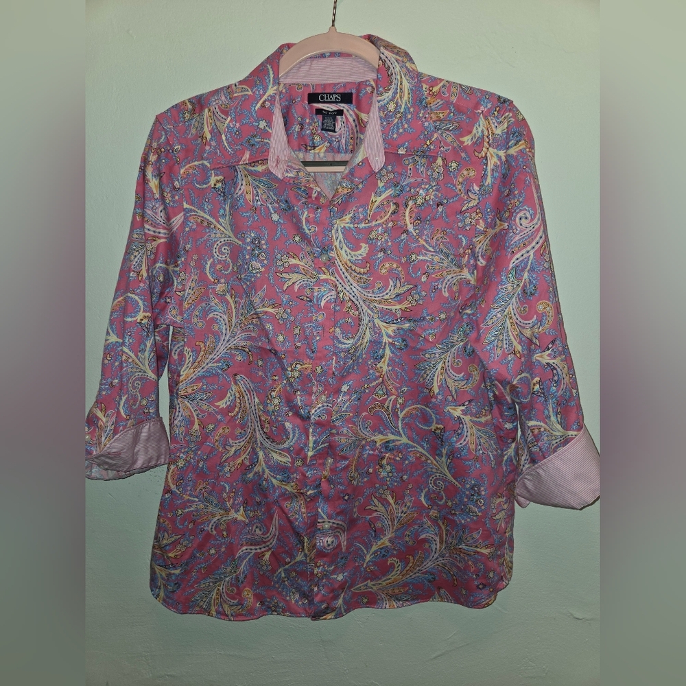 Chaps 3/4 Sleeves Paisley Blouse Size Large Pink With Striped Collar And Cuffs